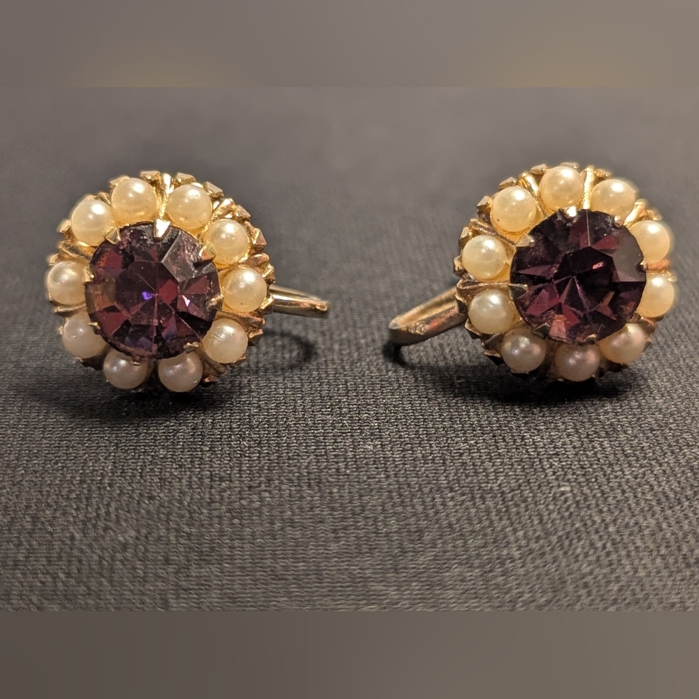 *Vtg Signed Art Deco Purple Faux Gem Spiral Gold Tone Screwback Earrings by Coro